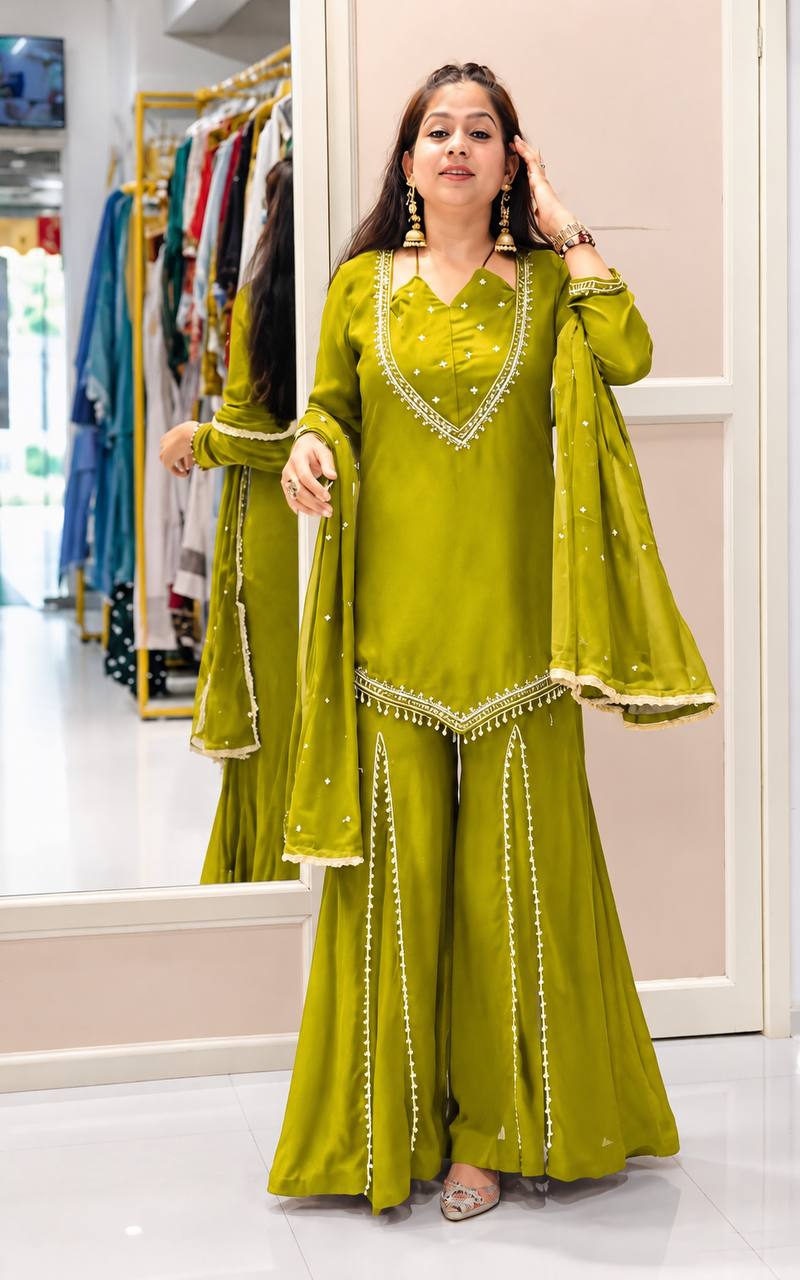 Roman Silk Real Mirror Work Sharara Set