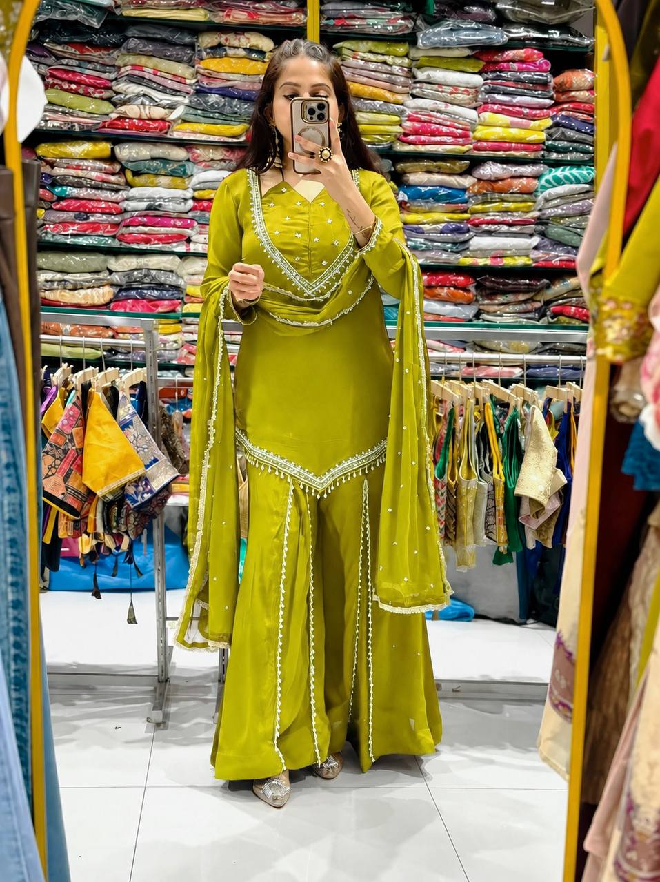 Roman Silk Real Mirror Work Sharara Set