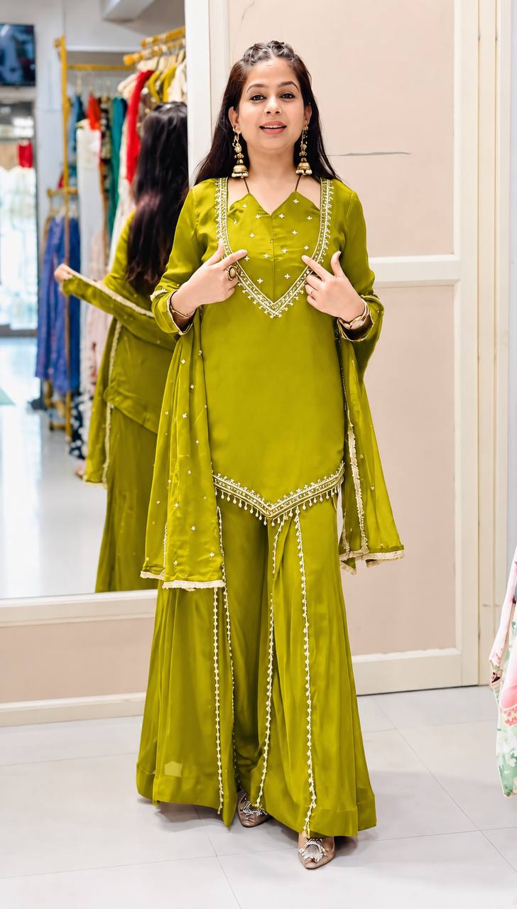 Roman Silk Real Mirror Work Sharara Set