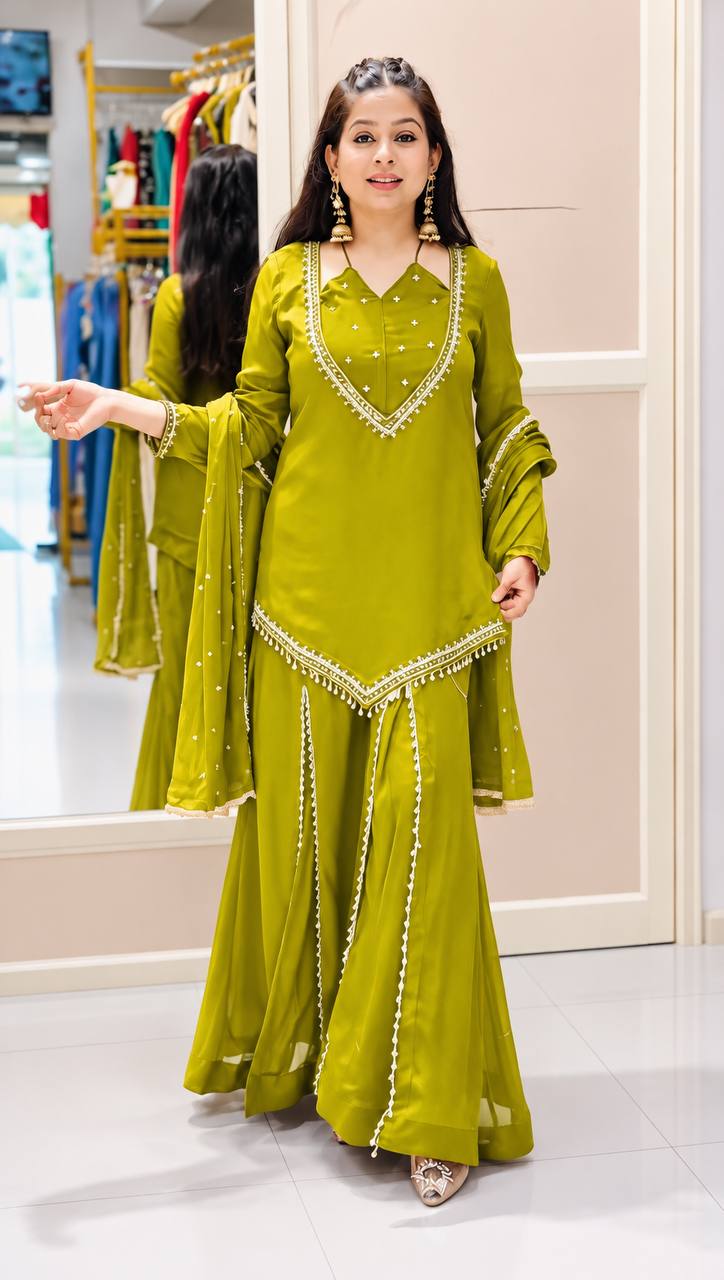 Roman Silk Real Mirror Work Sharara Set