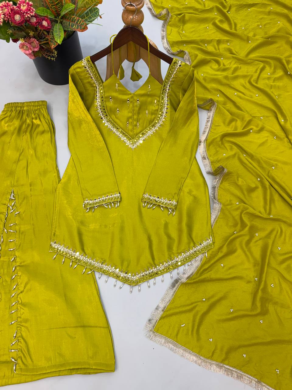 Roman Silk Real Mirror Work Sharara Set