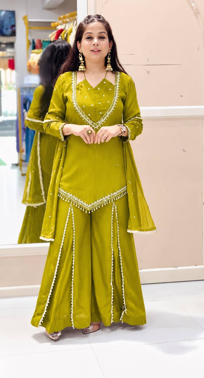 Roman Silk Real Mirror Work Sharara Set