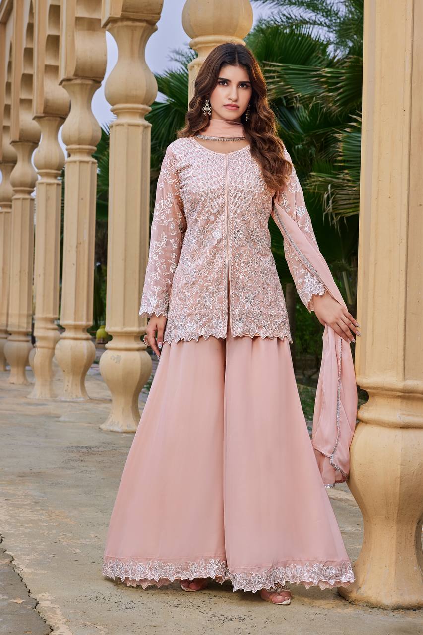 Soft Peach Embroidered Ethnic Suit Set with Flare Palazzo & Dupatta