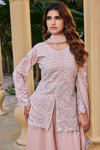 Soft Peach Embroidered Ethnic Suit Set with Flare Palazzo & Dupatta