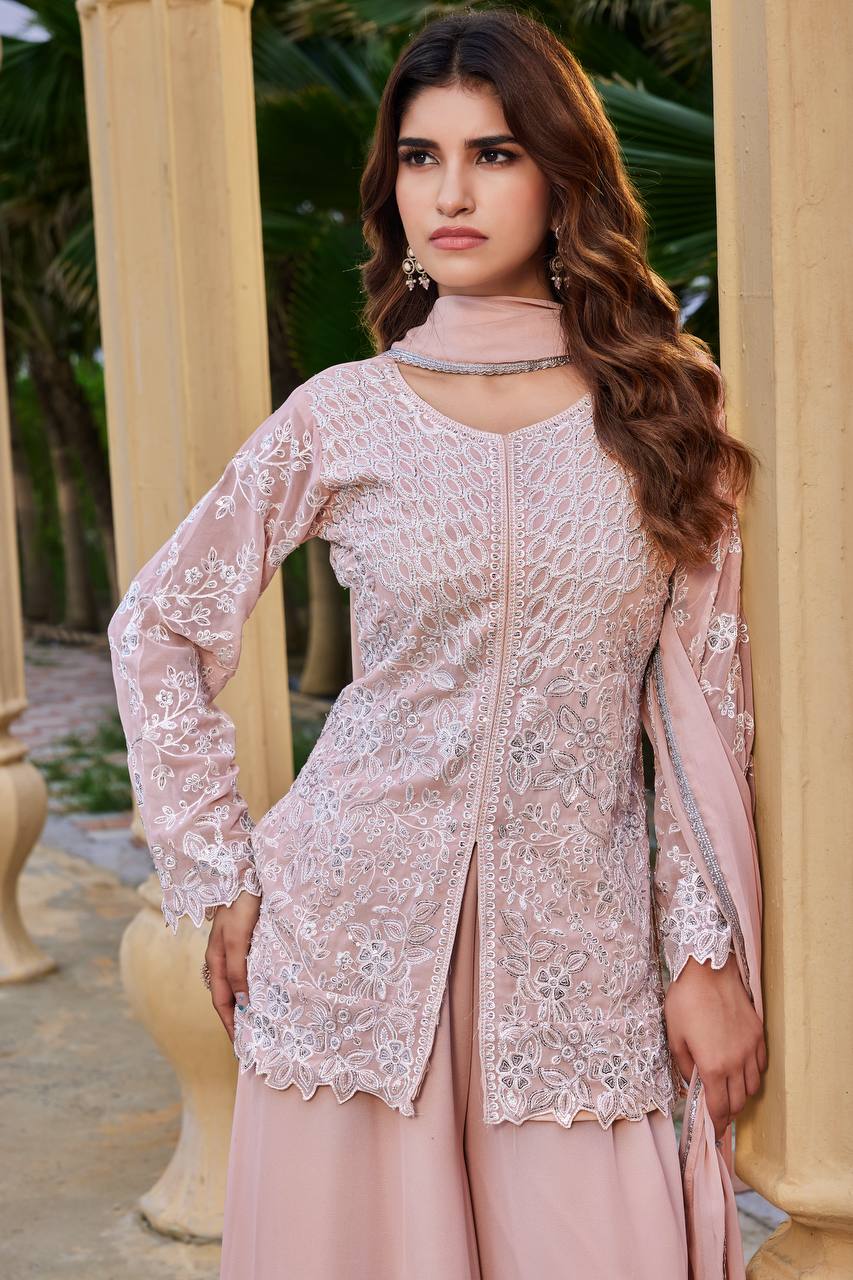 Soft Peach Embroidered Ethnic Suit Set with Flare Palazzo & Dupatta