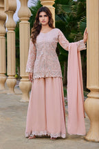 Soft Peach Embroidered Ethnic Suit Set with Flare Palazzo & Dupatta