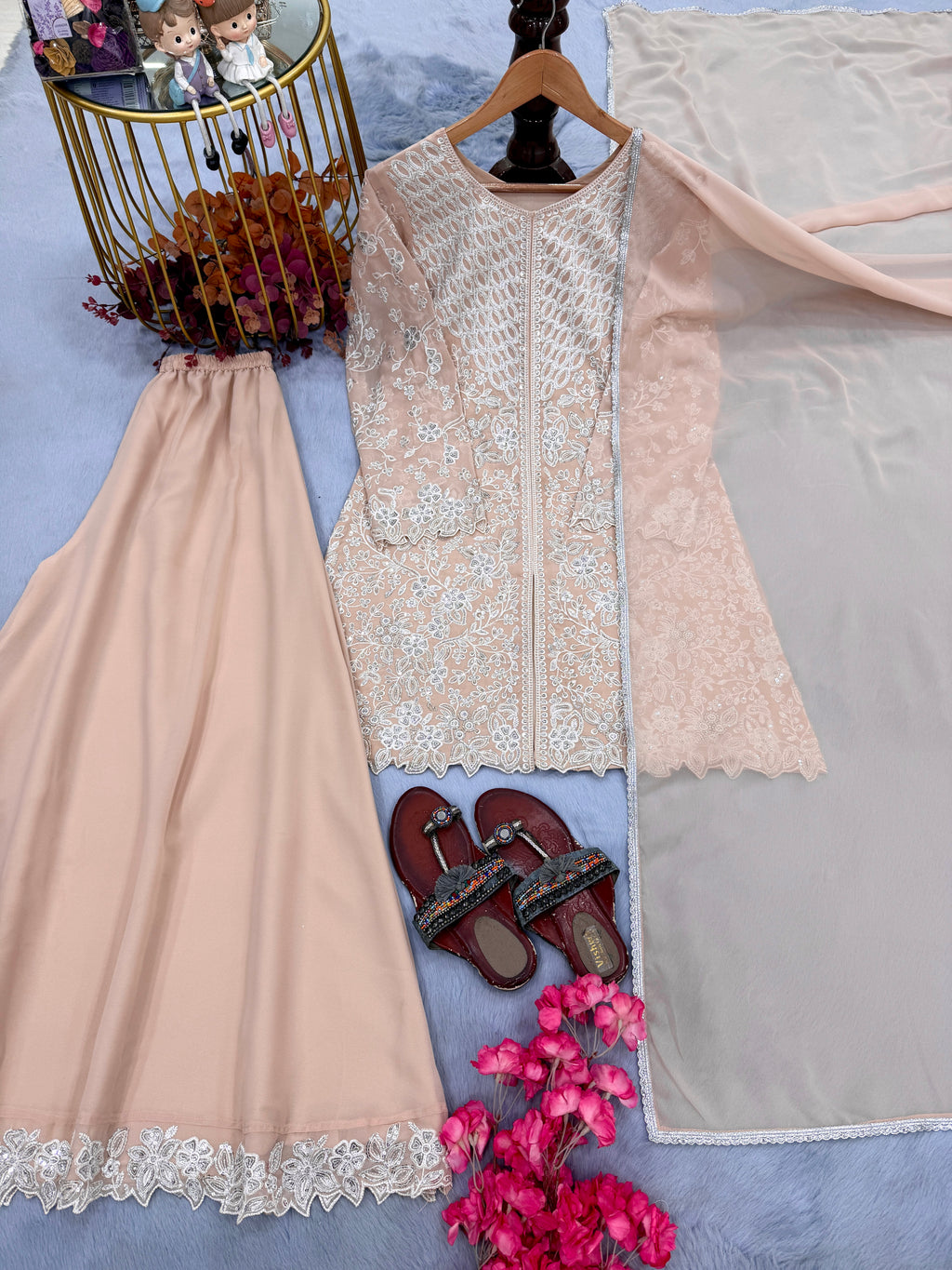 Soft Peach Embroidered Ethnic Suit Set with Flare Palazzo & Dupatta