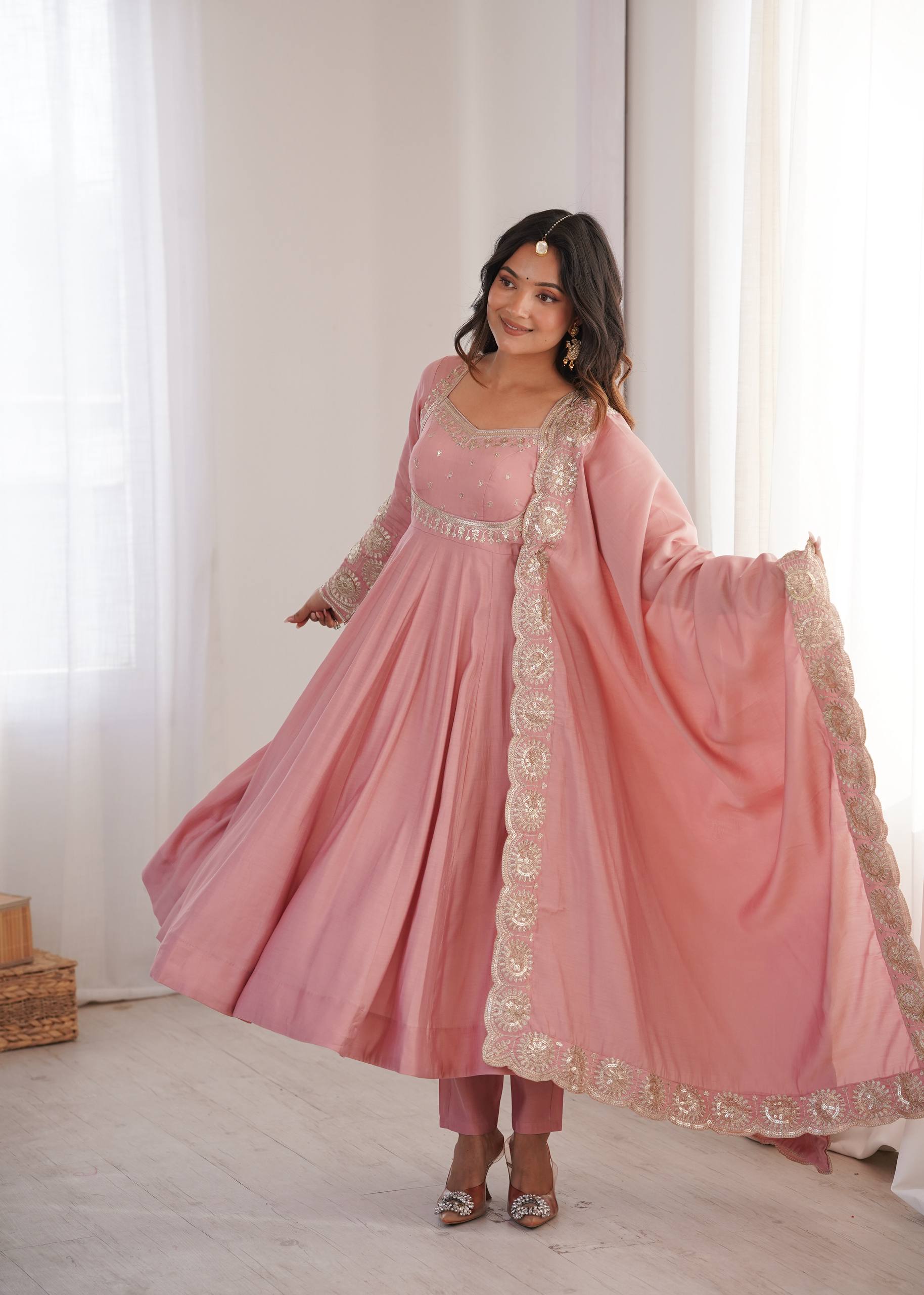 Blush Pink Embroidered Roman Silk Anarkali Suit Set