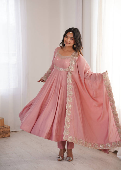 Blush Pink Embroidered Roman Silk Anarkali Suit Set