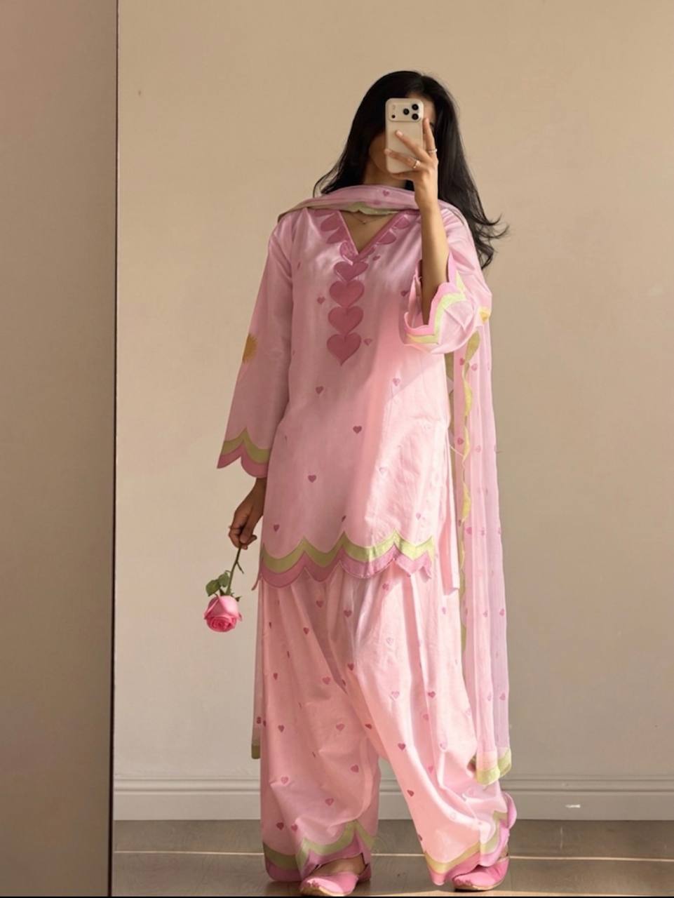 Designer Party Wear Pink Heart Thread Work Short Kurta with Farshi Salwar & Dupatta