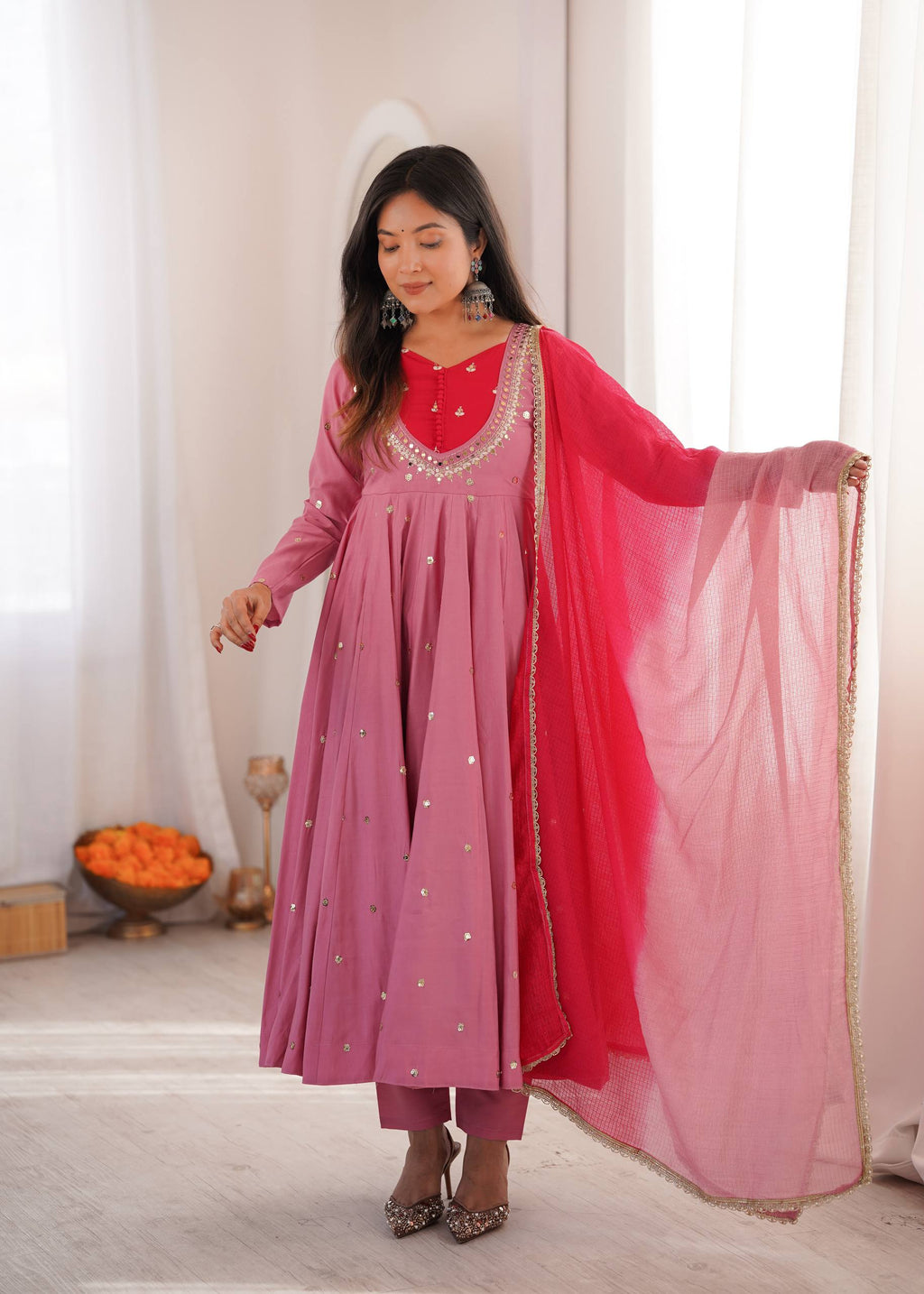 Rose Pink Embroidered Anarkali Kurta with Pants & Dupatta Set