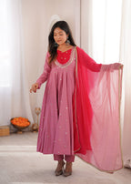 Rose Pink Embroidered Anarkali Kurta with Pants & Dupatta Set