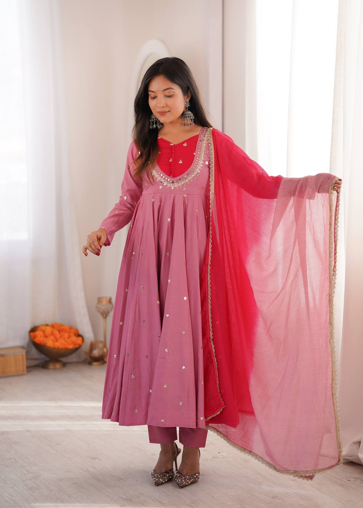 Rose Pink Embroidered Anarkali Kurta with Pants & Dupatta Set
