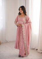 Blush Pink Embroidered Roman Silk Anarkali Suit Set