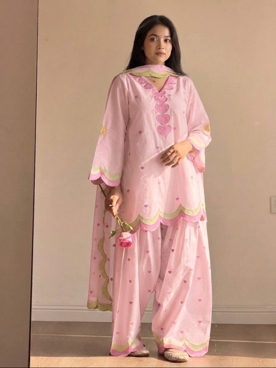 Designer Party Wear Pink Heart Thread Work Short Kurta with Farshi Salwar & Dupatta