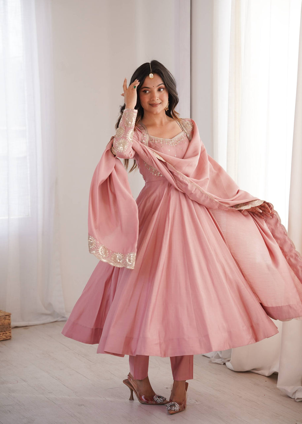 Blush Pink Embroidered Roman Silk Anarkali Suit Set