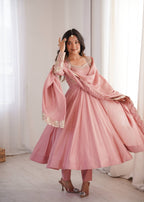 Blush Pink Embroidered Roman Silk Anarkali Suit Set