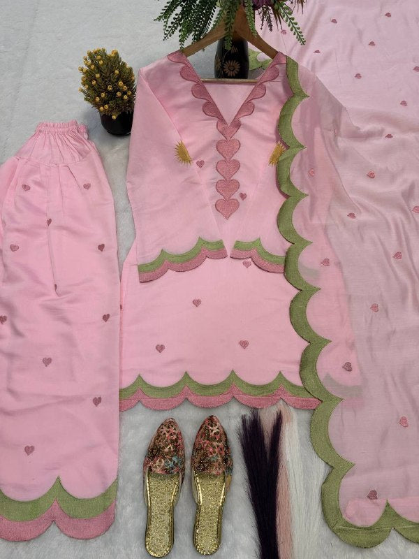 Designer Party Wear Pink Heart Thread Work Short Kurta with Farshi Salwar & Dupatta