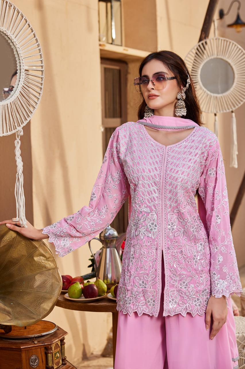 Blush Pink Faux Georgette Embroidered Flared Palazzo Salwar Kameez