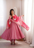 Rose Pink Embroidered Anarkali Kurta with Pants & Dupatta Set