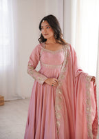 Blush Pink Embroidered Roman Silk Anarkali Suit Set