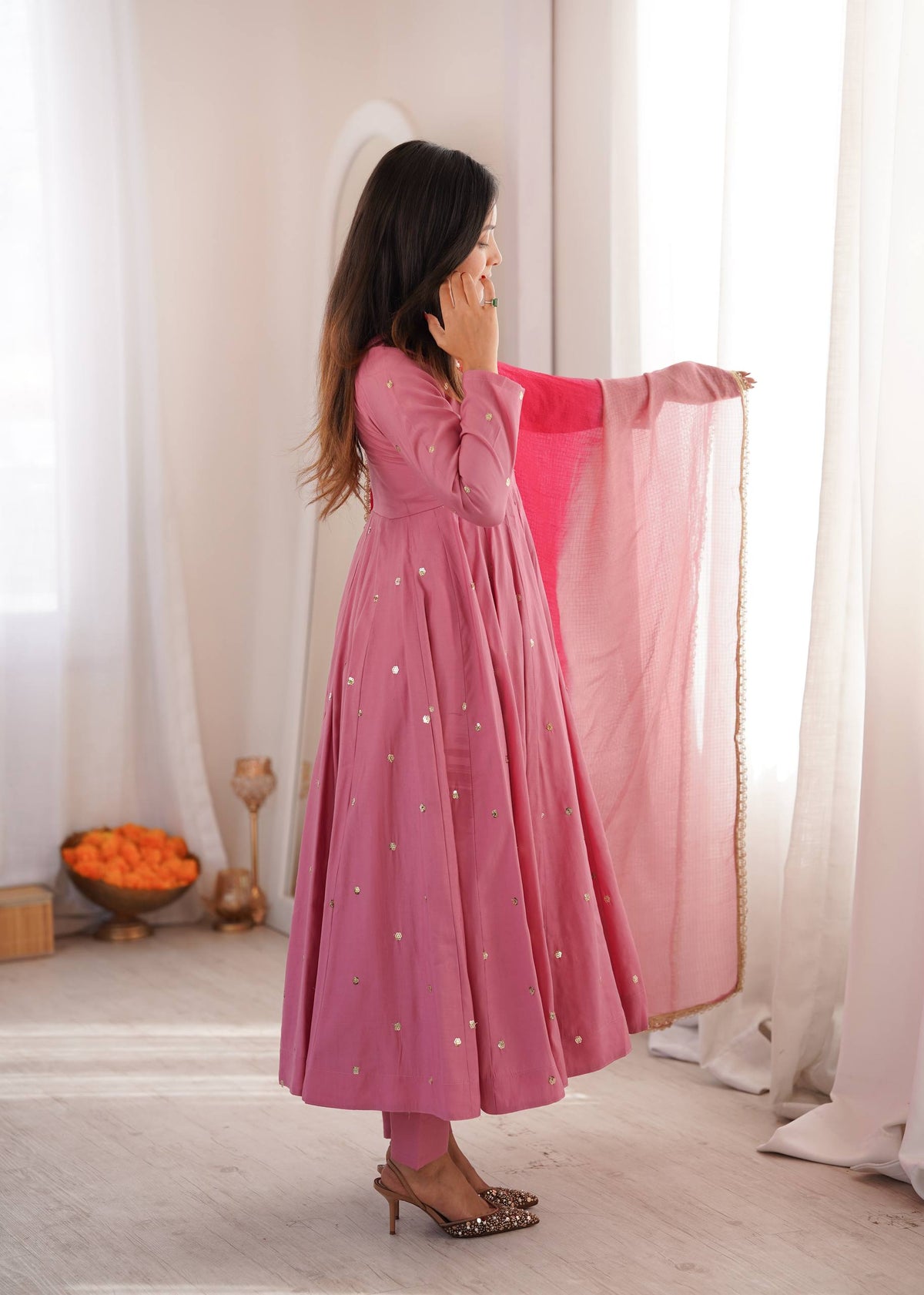 Rose Pink Embroidered Anarkali Kurta with Pants & Dupatta Set