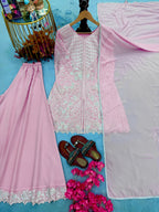 Blush Pink Faux Georgette Embroidered Flared Palazzo Salwar Kameez