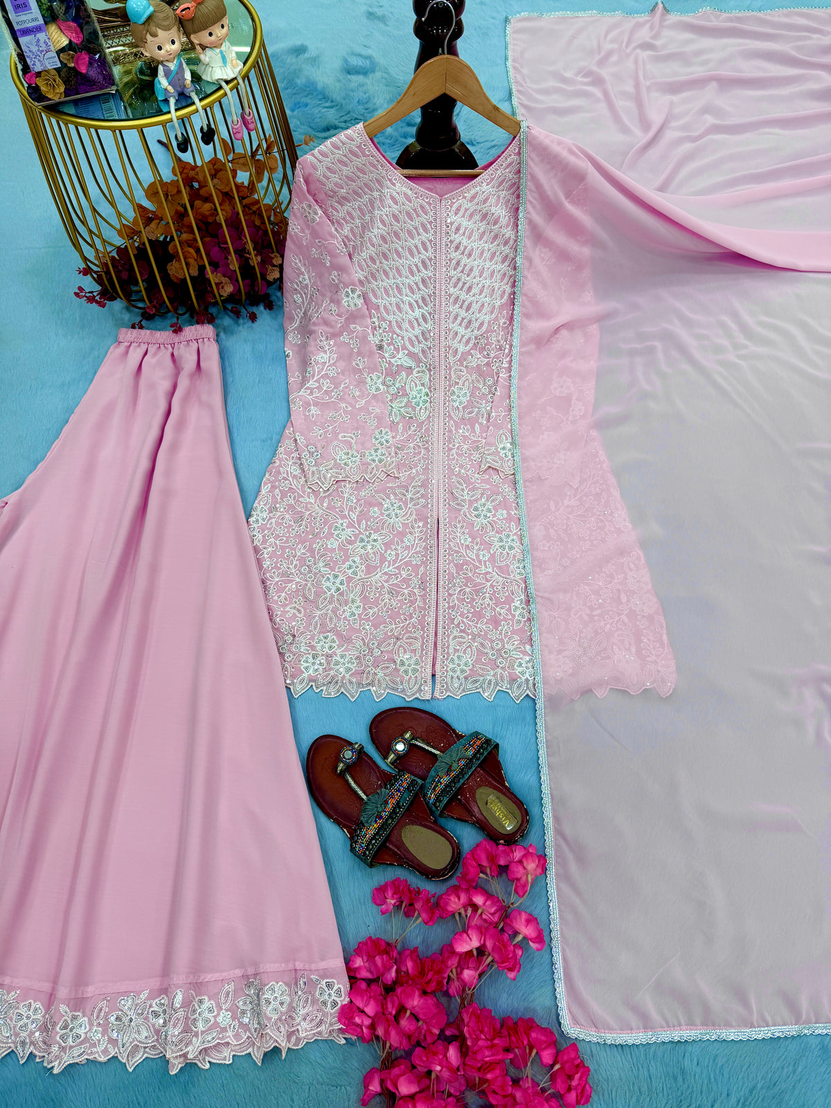 Blush Pink Faux Georgette Embroidered Flared Palazzo Salwar Kameez