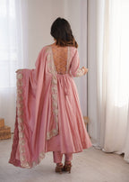Blush Pink Embroidered Roman Silk Anarkali Suit Set