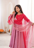 Rose Pink Embroidered Anarkali Kurta with Pants & Dupatta Set