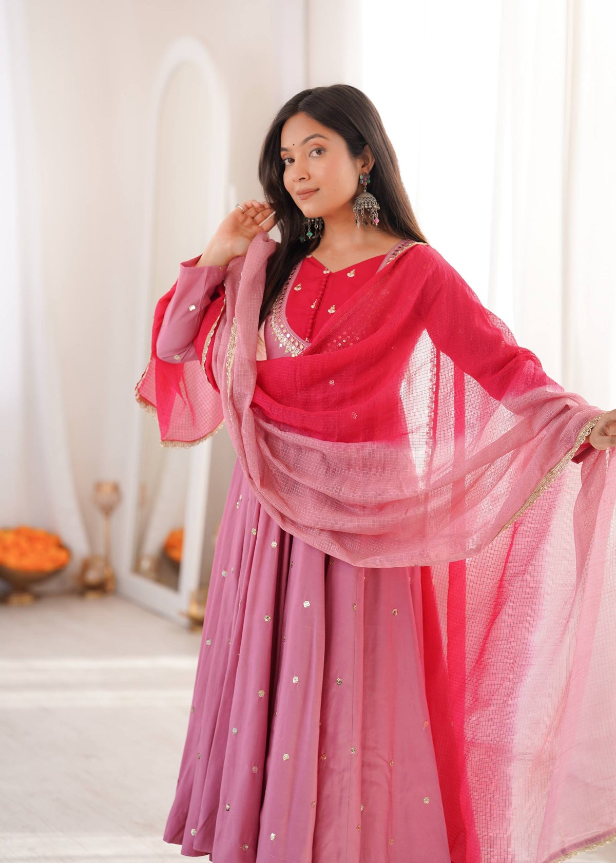 Rose Pink Embroidered Anarkali Kurta with Pants & Dupatta Set