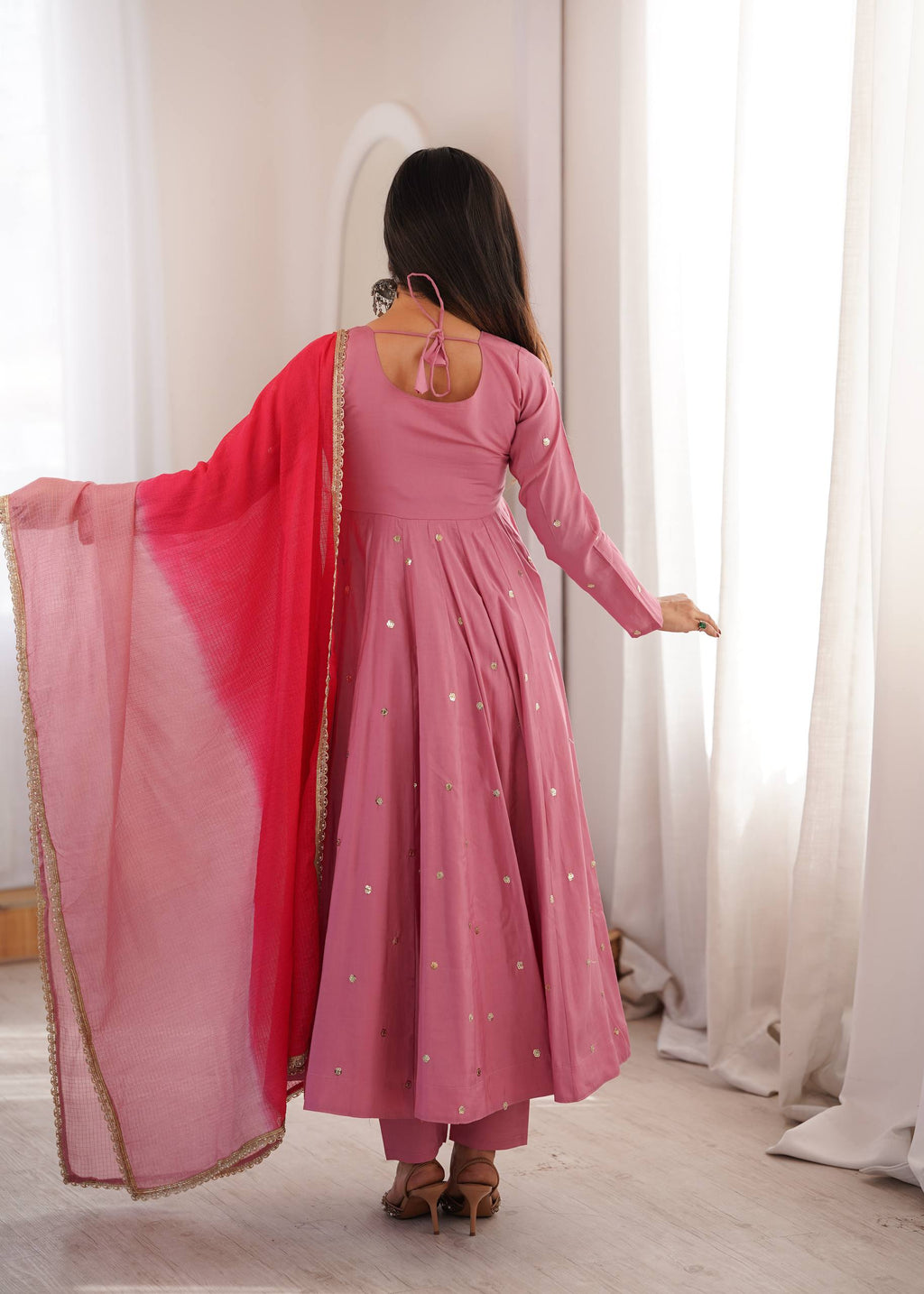 Rose Pink Embroidered Anarkali Kurta with Pants & Dupatta Set
