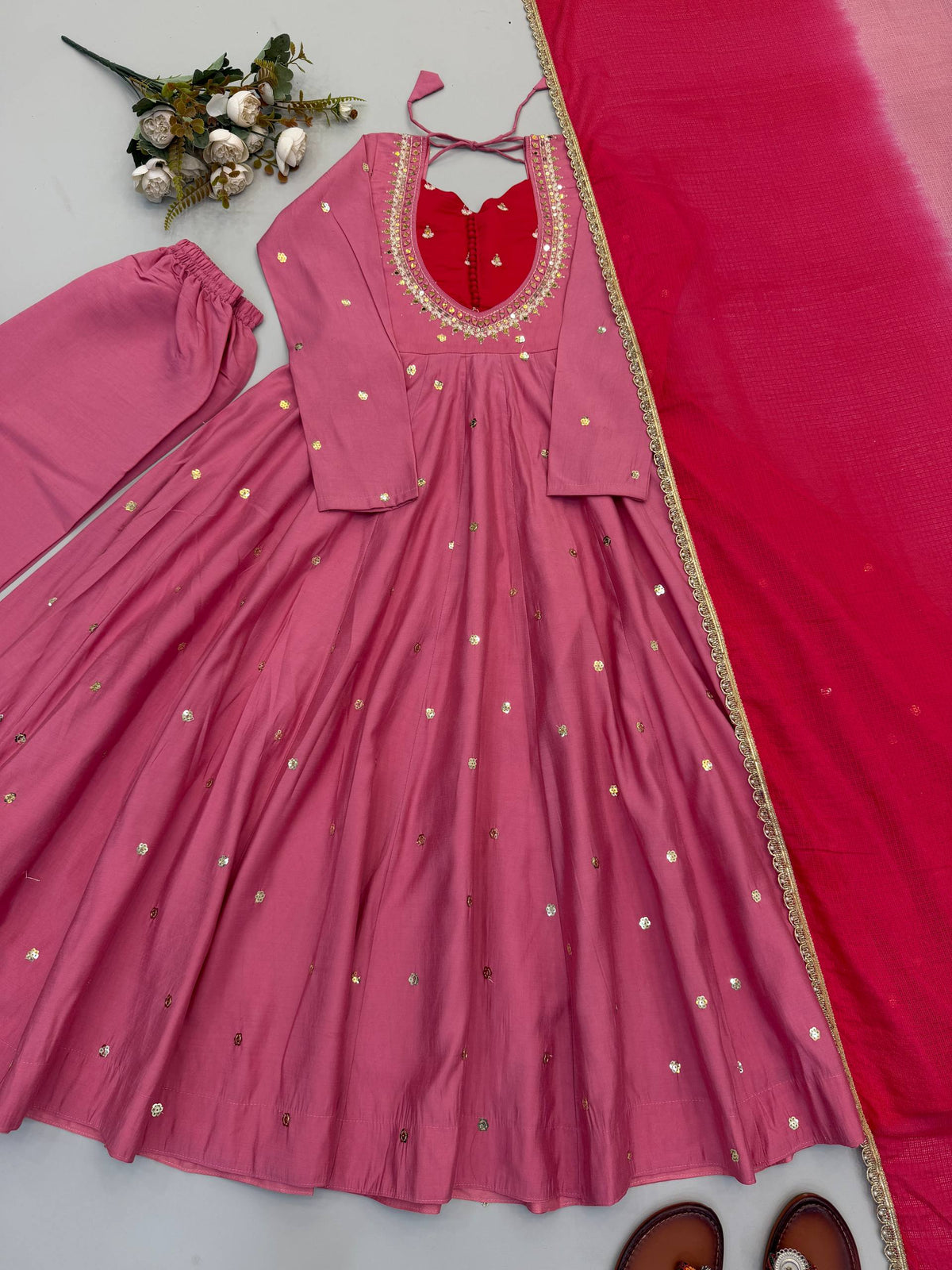 Rose Pink Embroidered Anarkali Kurta with Pants & Dupatta Set