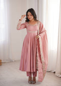 Blush Pink Embroidered Roman Silk Anarkali Suit Set