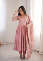 Blush Pink Embroidered Roman Silk Anarkali Suit Set