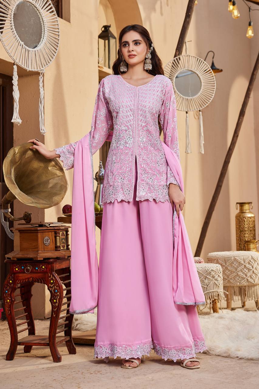 Blush Pink Faux Georgette Embroidered Flared Palazzo Salwar Kameez