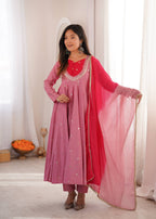 Rose Pink Embroidered Anarkali Kurta with Pants & Dupatta Set