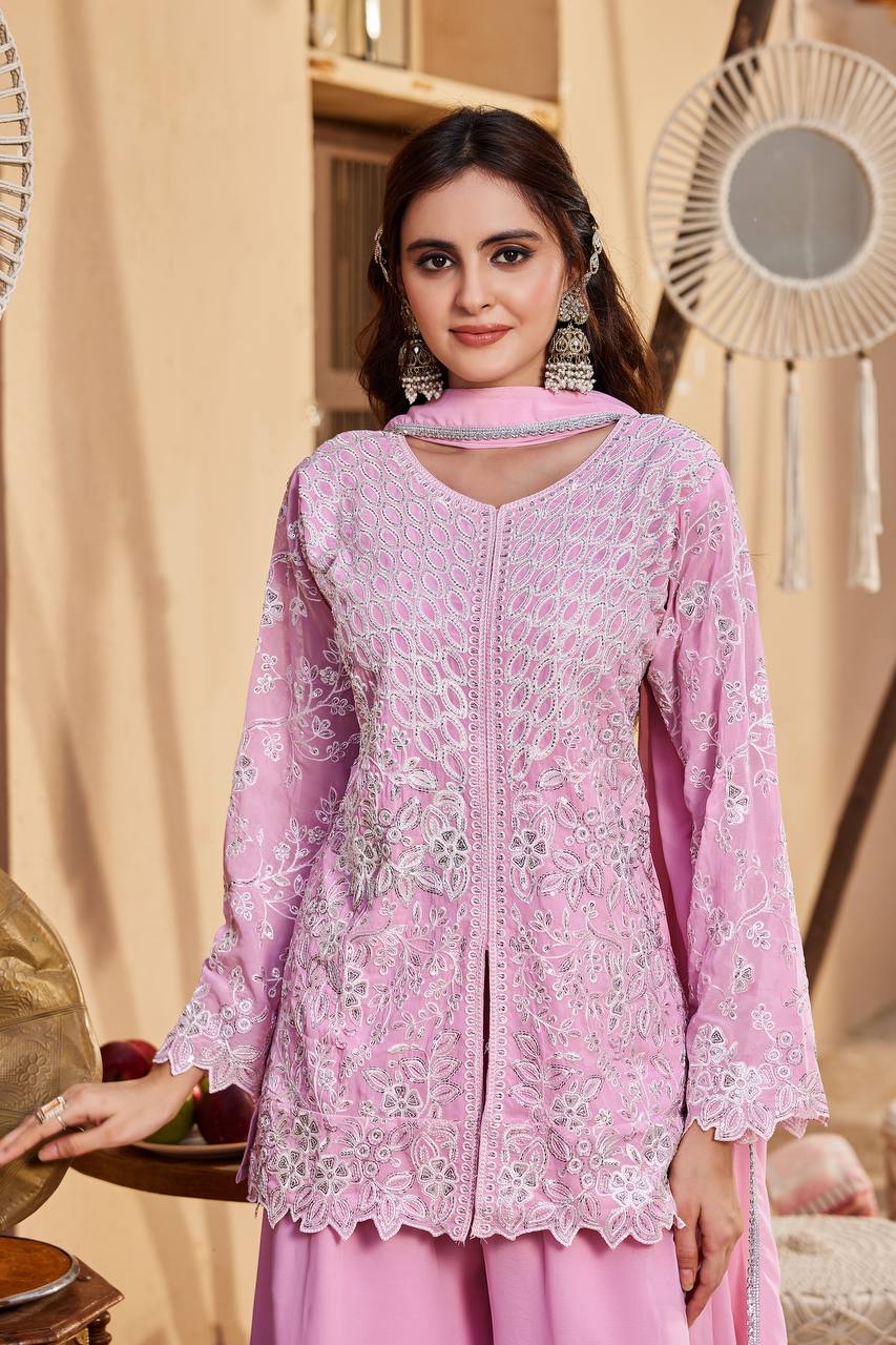 Blush Pink Faux Georgette Embroidered Flared Palazzo Salwar Kameez