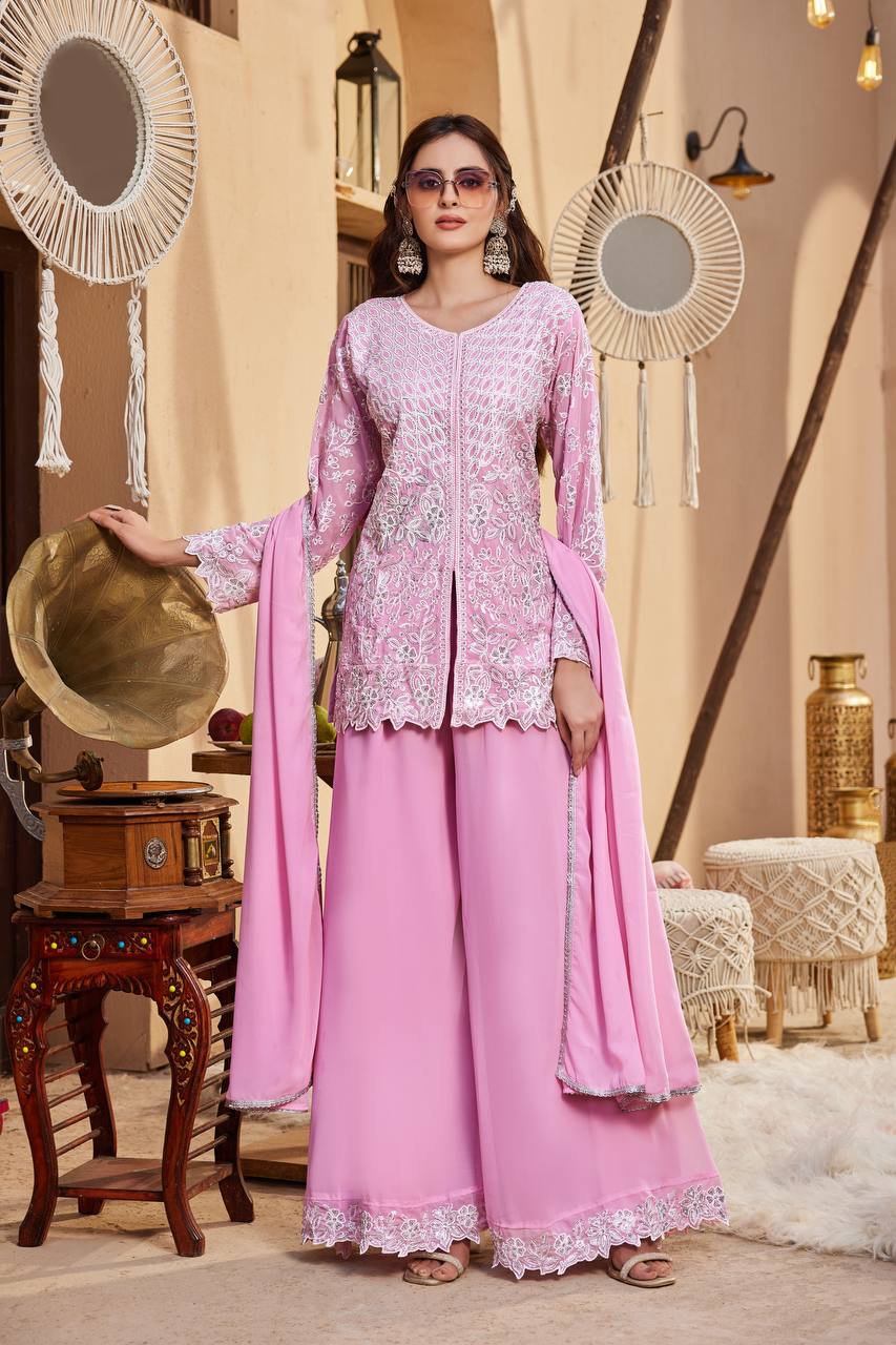 Blush Pink Faux Georgette Embroidered Flared Palazzo Salwar Kameez