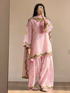 Designer Party Wear Pink Heart Thread Work Short Kurta with Farshi Salwar & Dupatta