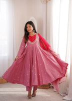 Rose Pink Embroidered Anarkali Kurta with Pants & Dupatta Set
