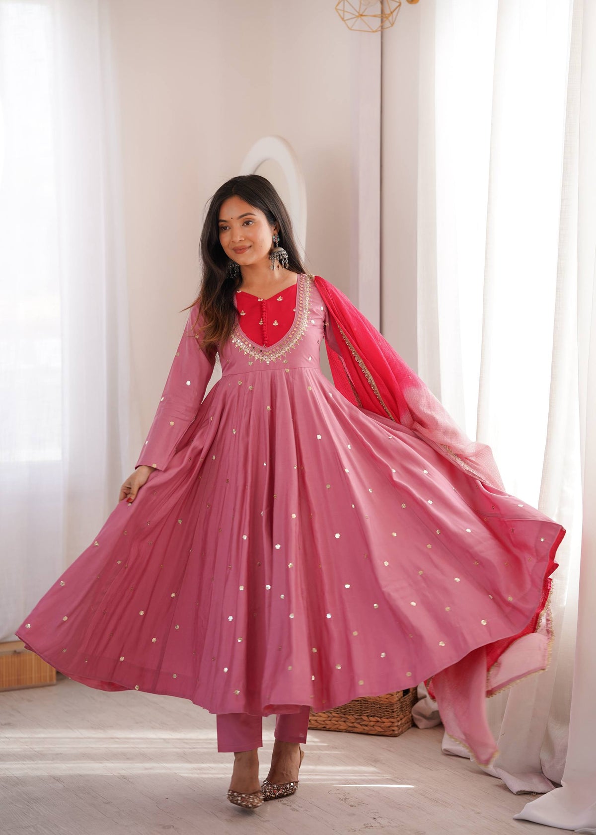 Rose Pink Embroidered Anarkali Kurta with Pants & Dupatta Set
