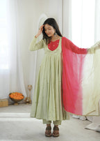 Sage Green Mirror Work Flared Anarkali Kurta with Pants & Dupatta