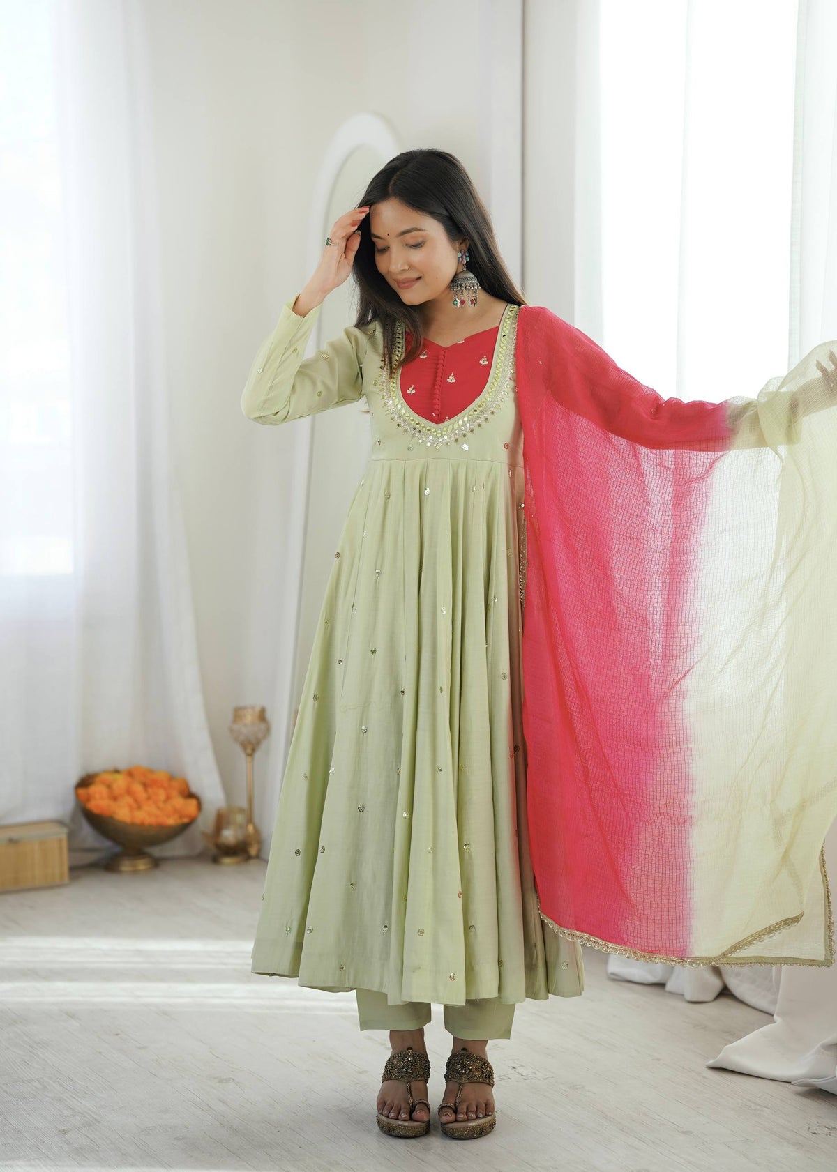 Sage Green Mirror Work Flared Anarkali Kurta with Pants & Dupatta