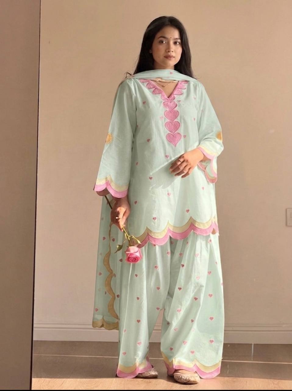Pistachio Green and Pink Ethnic Farshi Shalwar Kameez Set