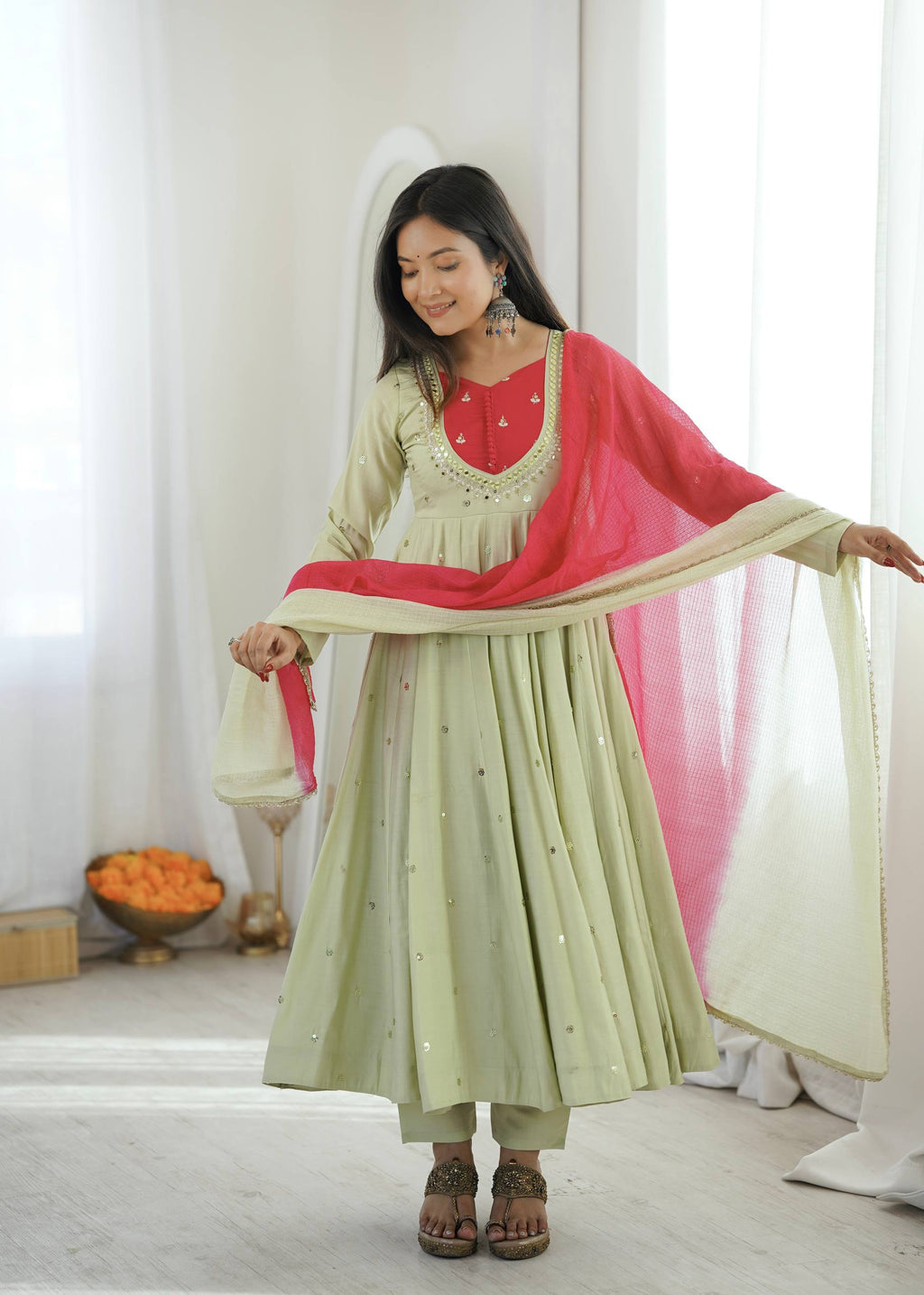 Sage Green Mirror Work Flared Anarkali Kurta with Pants & Dupatta