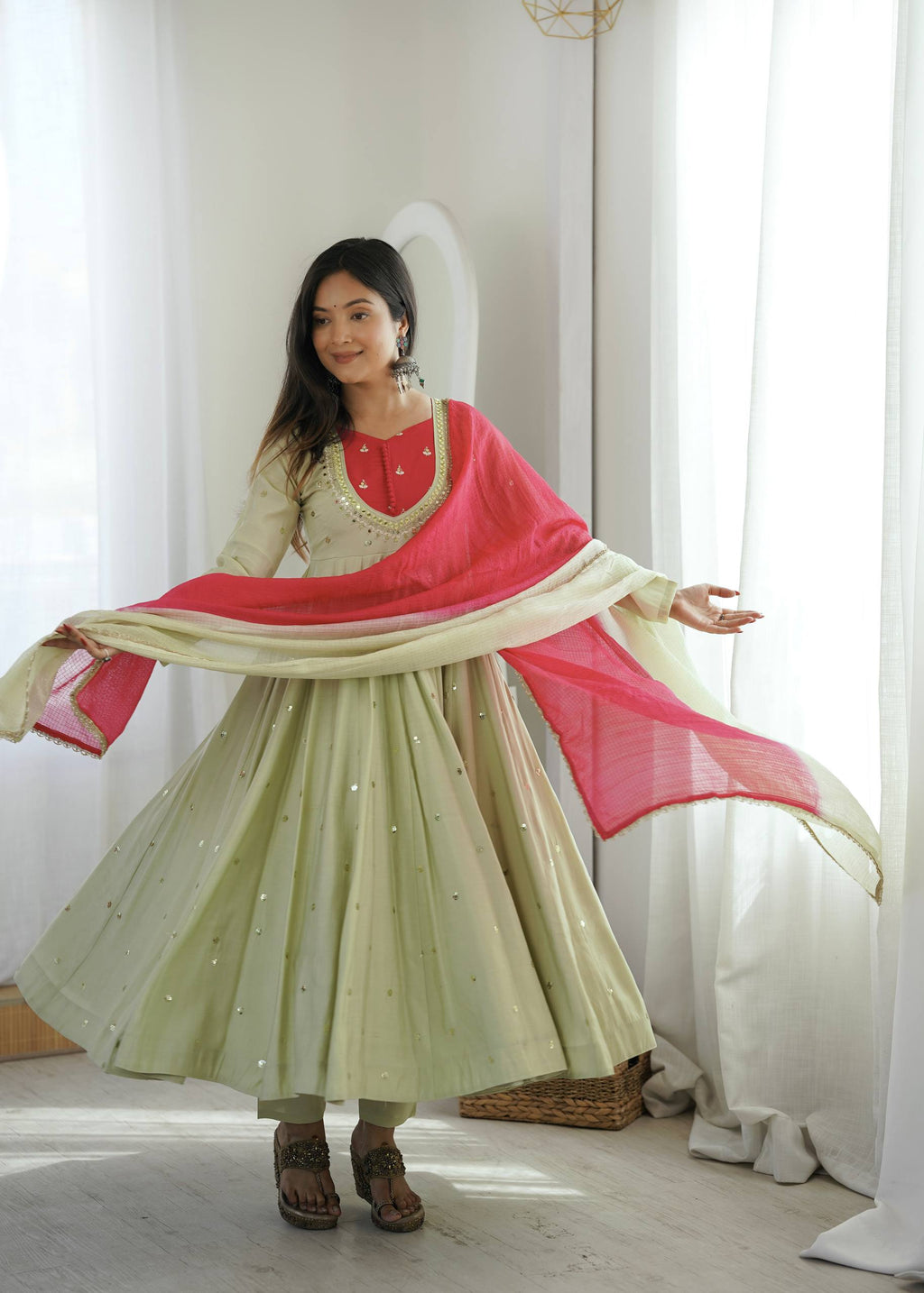 Sage Green Mirror Work Flared Anarkali Kurta with Pants & Dupatta