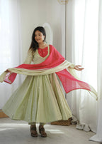 Sage Green Mirror Work Flared Anarkali Kurta with Pants & Dupatta