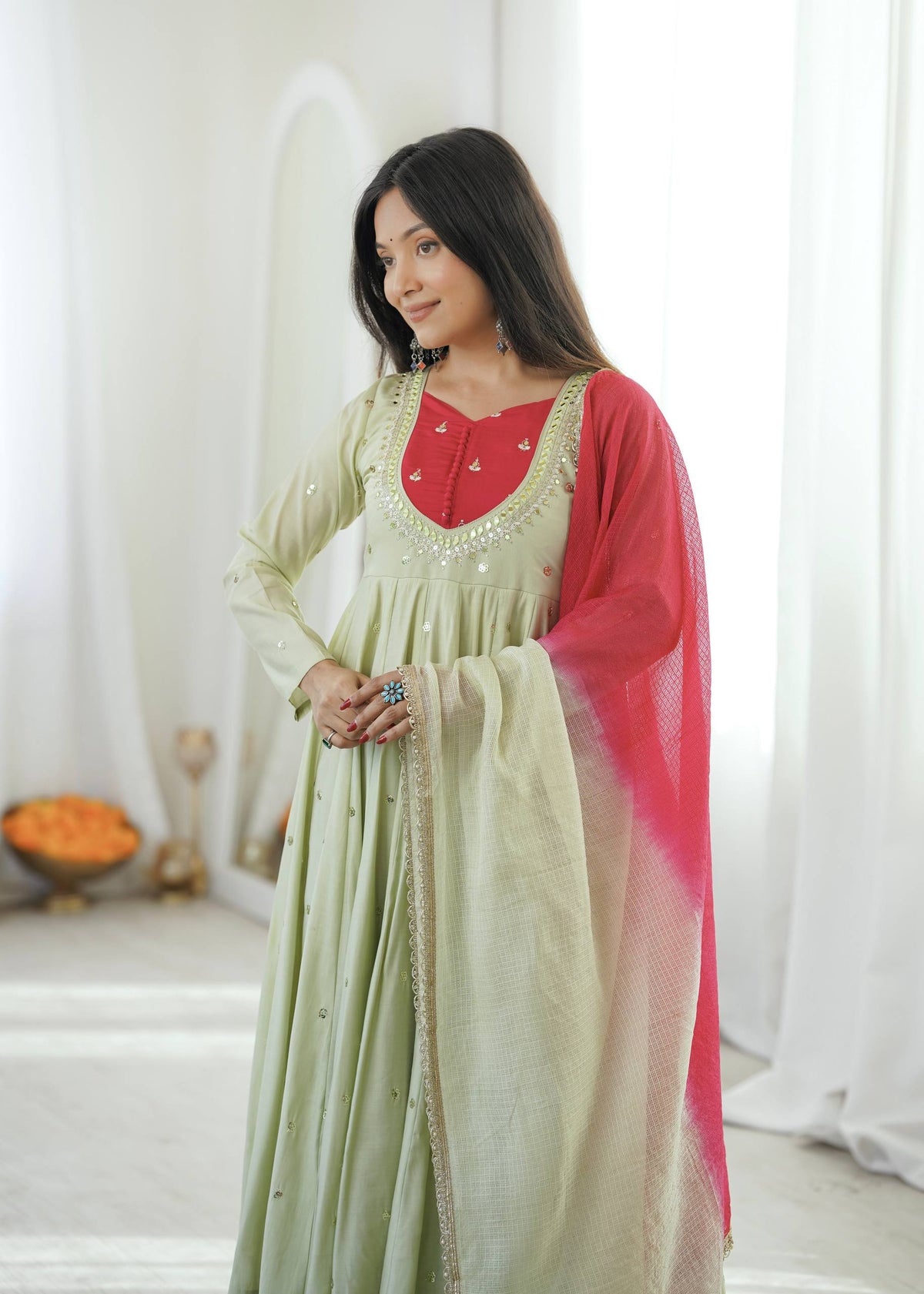 Sage Green Mirror Work Flared Anarkali Kurta with Pants & Dupatta