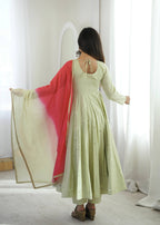 Sage Green Mirror Work Flared Anarkali Kurta with Pants & Dupatta